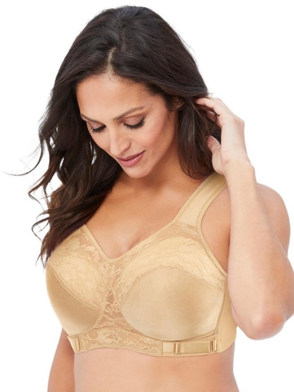 Comfort Choice Women’s Lace Satin Wireless Soft Cup Bra in Sand Nude 50DD